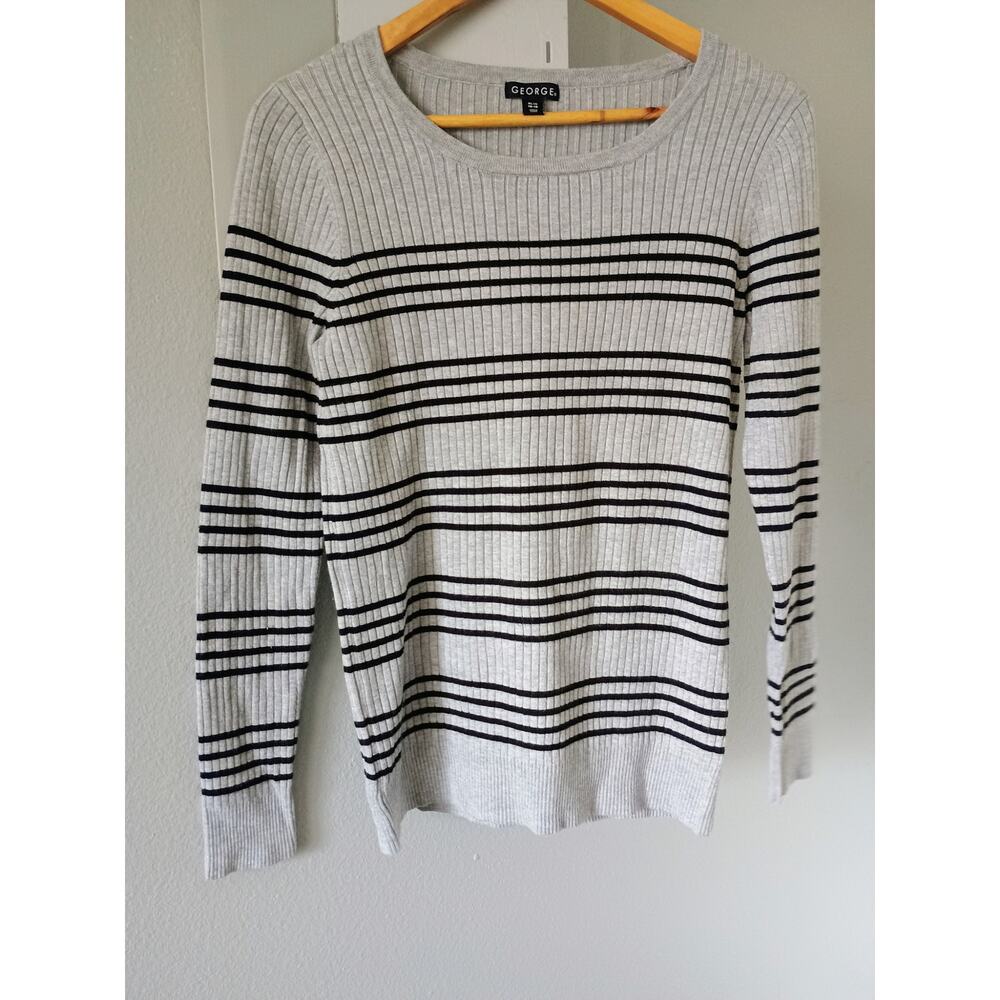 George closet staple comfy Gray & Black Striped Ribbed Knit Pullover Sweater XL